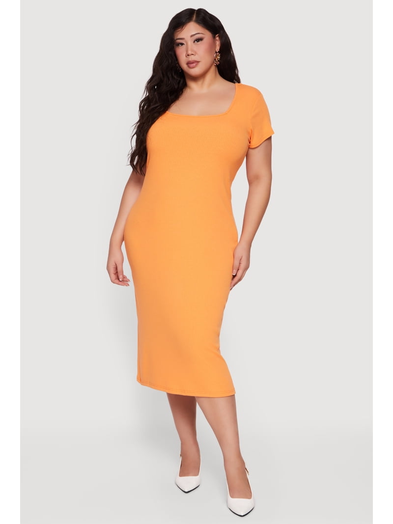 Women's Plus Size Rib Knit Square Neck Midi Dress