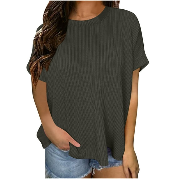 Women's Plus Size Rib Tops Short Sleeve Round Neck Casual Loose Solid Color Plain T Shirt Summer Basic Tees Gray,M