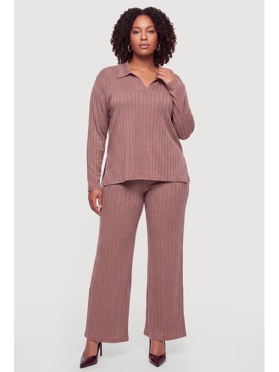 Women's Plus Size Ribbed Brushed Knit Casual Pants