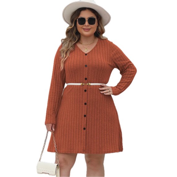 Women's Plus Size Ribbed Buttoned V Neck Long Sleeve Dress with Stretch 95% Polyester 5% Elastane For Work Or Casual