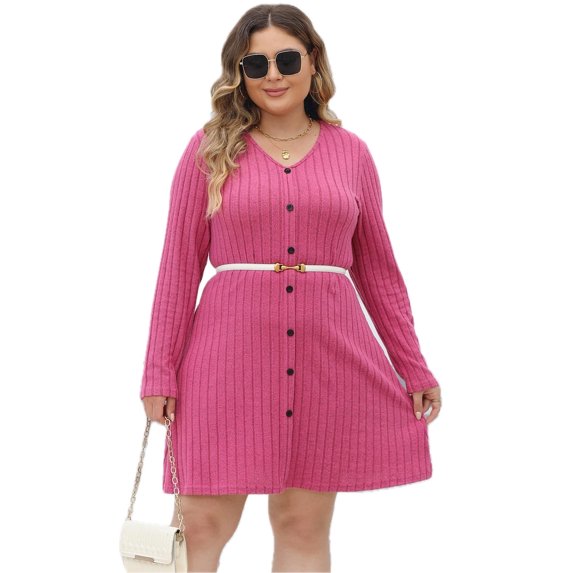 Women's Plus Size Ribbed Buttoned V Neck Long Sleeve Dress with Stretch 95% Polyester 5% Elastane For Work Or Casual
