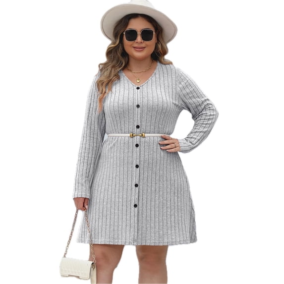 Women's Plus Size Ribbed Buttoned V Neck Long Sleeve Dress with Stretch 95% Polyester 5% Elastane For Work Or Casual