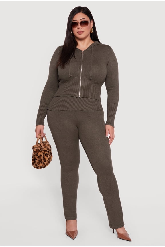 Women's Plus Size Ribbed Knit Fold Over Flare Pants