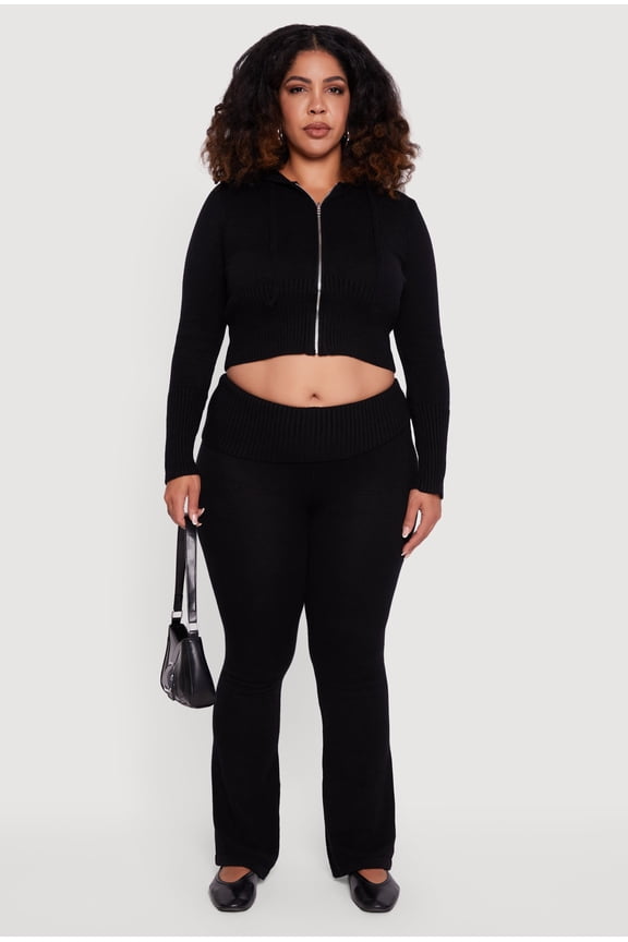 Women's Plus Size Ribbed Knit Fold Over Flare Pants