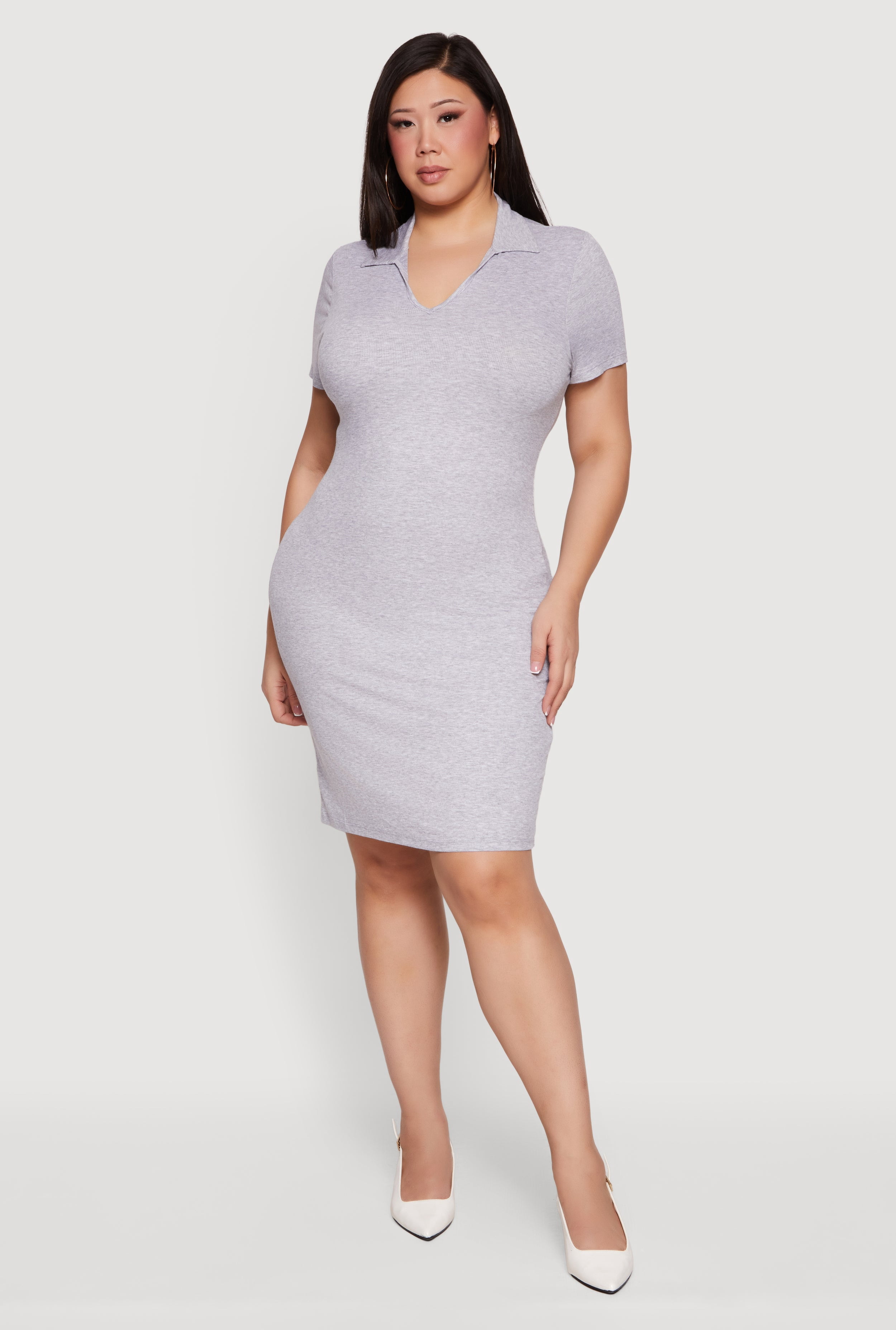 Women's Plus Size Ribbed Knit Johnny Collar Dress