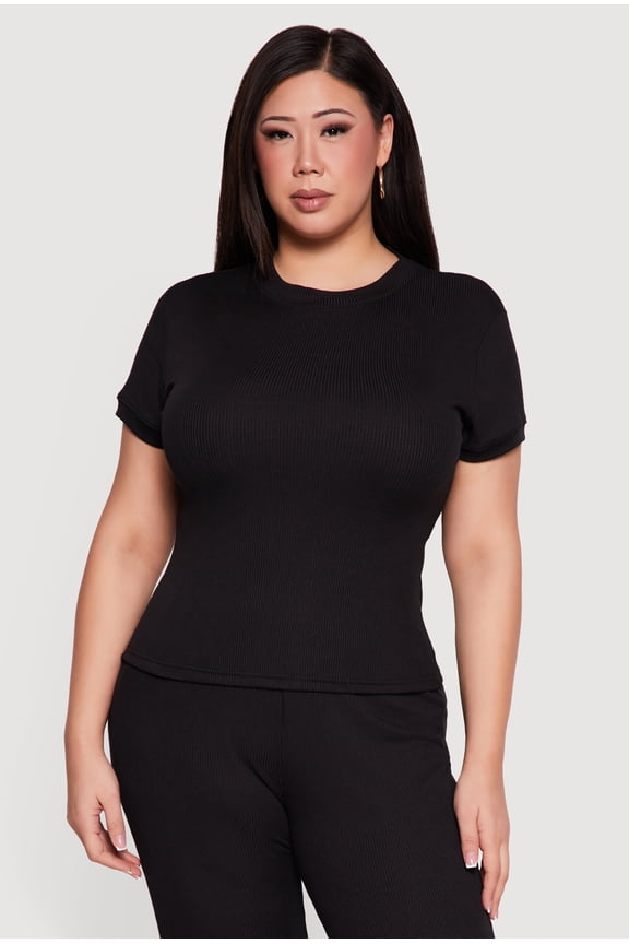 Women's Plus Size Ribbed Knit Short Sleeve Top