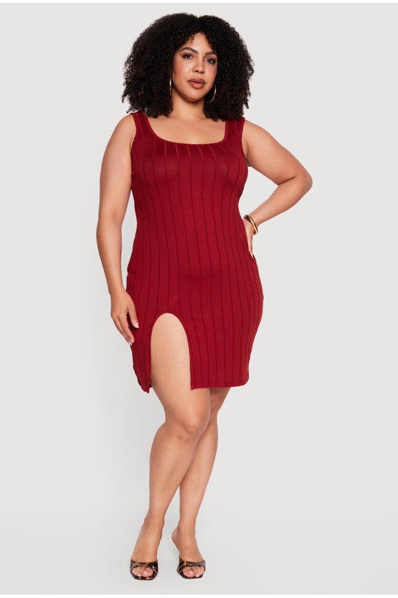 Women's Plus Size Ribbed Knit Tank Mini Dress with Thigh Slit