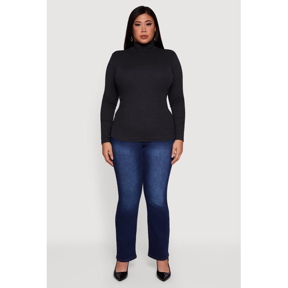 Women's Plus Size Ribbed Knit Turtleneck Long Sleeve Top