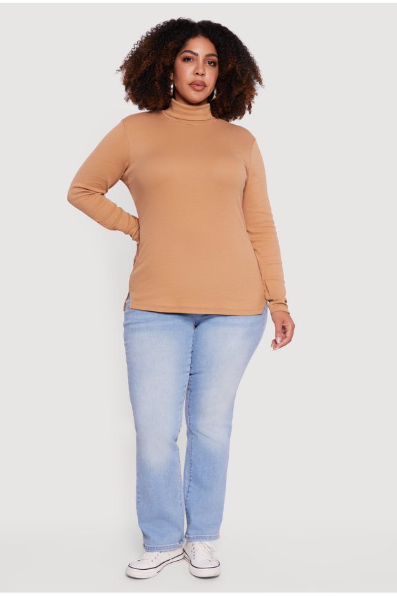 Women's Plus Size Ribbed Knit Turtleneck Long Sleeve Top