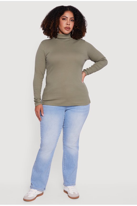 Women's Plus Size Ribbed Knit Turtleneck Long Sleeve Top