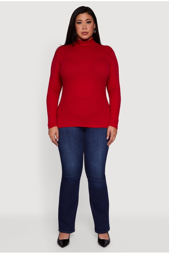Women's Plus Size Ribbed Knit Turtleneck Long Sleeve Top