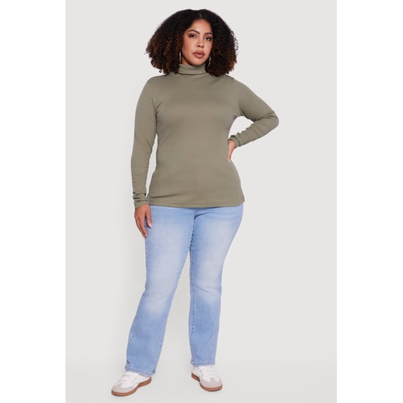 Women's Plus Size Ribbed Knit Turtleneck Long Sleeve Top