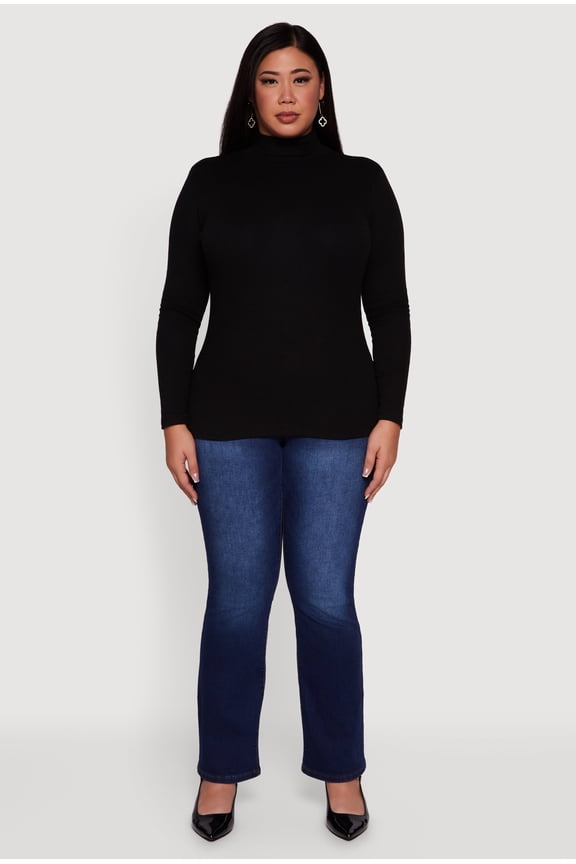 Women's Plus Size Ribbed Knit Turtleneck Long Sleeve Top