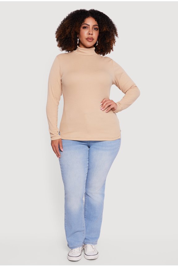 Women's Plus Size Ribbed Knit Turtleneck Long Sleeve Top