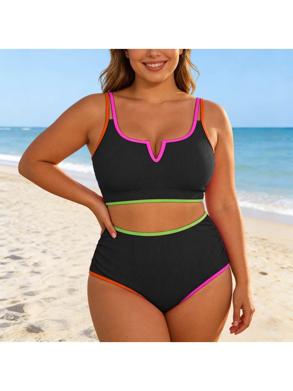 Women's Plus Size Ribbed Two Piece Swimsuit - High Waisted Bathing Suit with Double Straps and V-Notch Detail