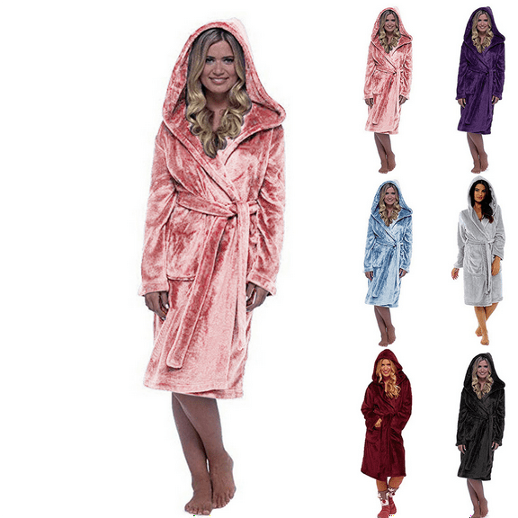 Women's Plus Size Robes Plush Fleece Hooded Long Bathrobe Thick Fluffy Nightgown Warm Comfy Housecoat with Pockets Sleepwea