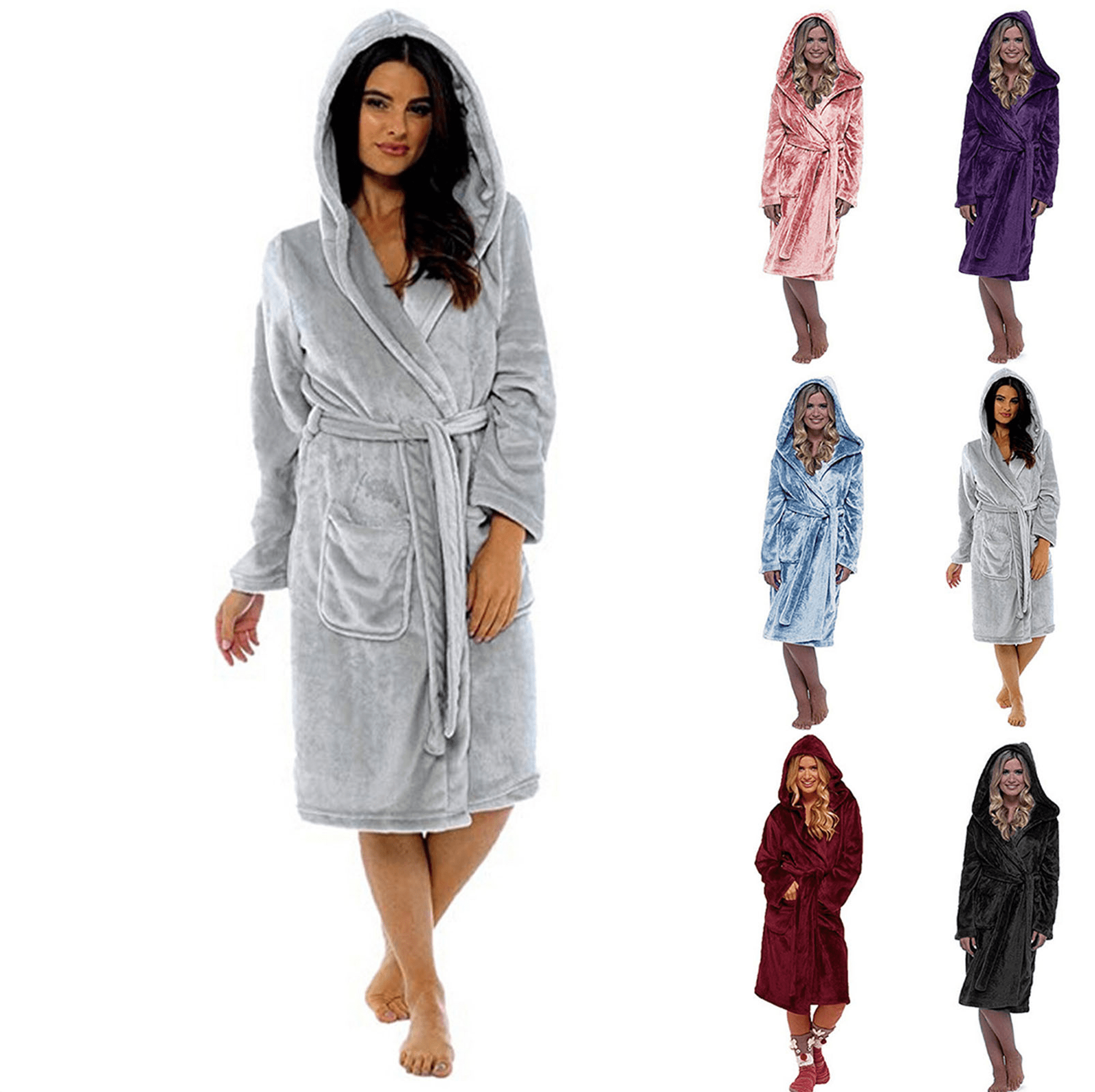 Women's Plus Size Robes Plush Fleece Hooded Long Bathrobe Thick Fluffy Nightgown Warm Comfy Housecoat with Pockets Sleepwear