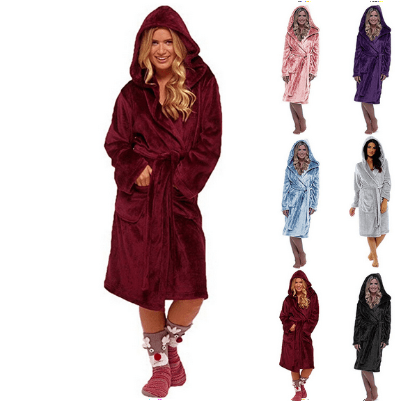 Women's Plus Size Robes Plush Fleece Hooded Long Bathrobe Thick Fluffy Nightgown Warm Comfy Housecoat with Pockets Sleepwea