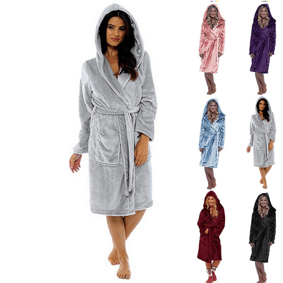 Women's Plus Size Robes Plush Fleece Hooded Long Bathrobe Thick Fluffy Nightgown Warm Comfy Housecoat with Pockets Sleepwea
