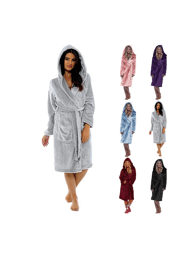 Women's Plus Size Robes Plush Fleece Hooded Long Bathrobe Thick Fluffy Nightgown Warm Comfy Housecoat with Pockets Sleepwea
