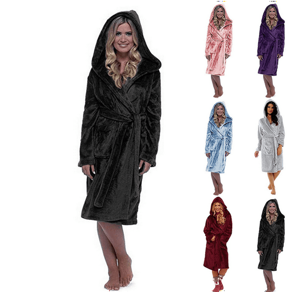 Women's Plus Size Robes Plush Fleece Hooded Long Bathrobe Thick Fluffy Nightgown Warm Comfy Housecoat with Pockets Sleepwea