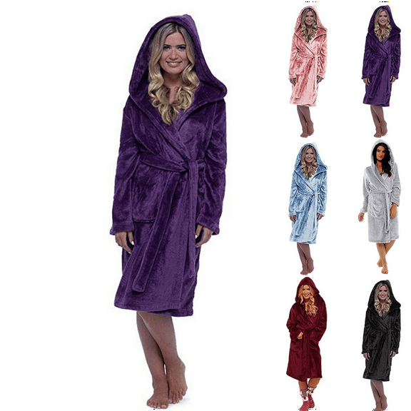 Women's Plus Size Robes Plush Fleece Hooded Long Bathrobe Thick Fluffy Nightgown Warm Comfy Housecoat with Pockets Sleepwea