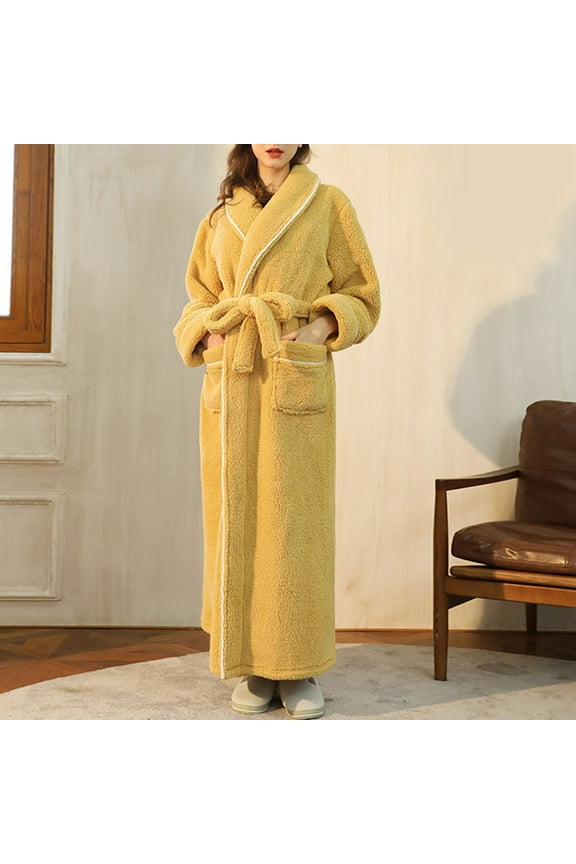 Women's Plus Size Robes, Unisex Casual Thickened Flannel Bathrobe Fashion Solid Color Sleepwear Home Clothing New Cute Towel Robe for Women Yellow M