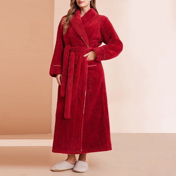 Women's Plus Size Robes, Unisex Casual Thickened Flannel Bathrobe Fashion Solid Color Sleepwear Home Clothing New Robes for Women Soft and Warm Red M