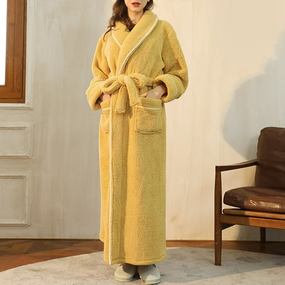 Women's Plus Size Robes, Unisex Casual Thickened Flannel Bathrobe Fashion Solid Color Sleepwear Home Clothing New Sleepwear for Women Plus Size Yellow XL