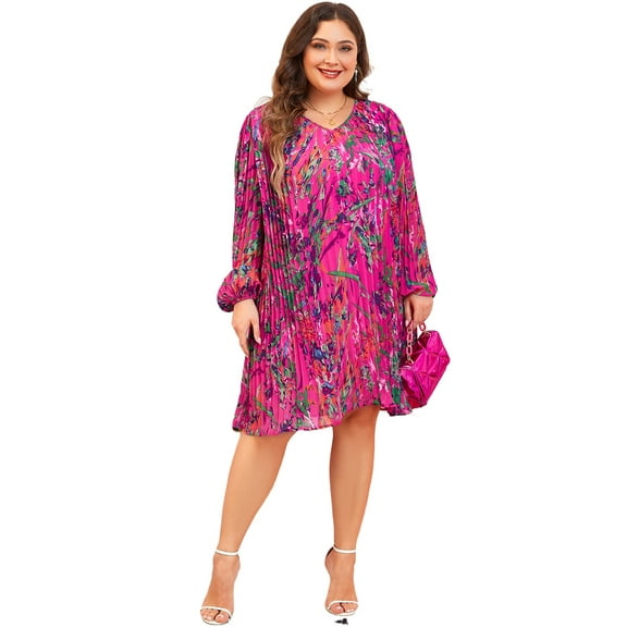 Women's Plus Size Rose Abstract Floral Print Pleated Dress with Puff Sleeves - [ZhiHiMeRi] | (US 14W-16W)1X