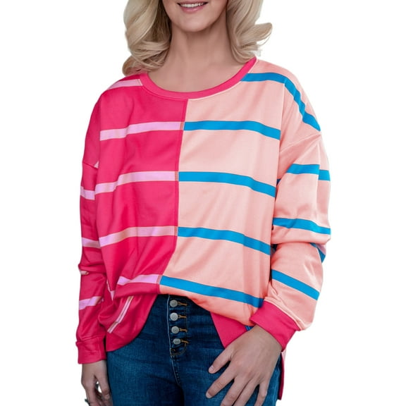 Women's Plus Size Rose Stripe Color Block Crewneck Long Sleeve T-Shirt - [ZhiHiMeRi] | (US 14W-16W)1X