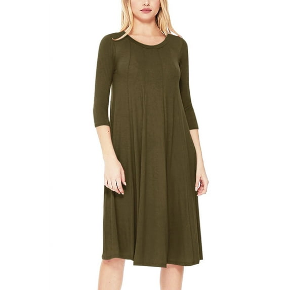 Women's Plus Size Round Neck 3/4 Sleeves Solid A-Line Midi Dress