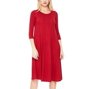 Womens Plus Size Round Neck 3/4 Sleeves Solid A-Line Midi Dress