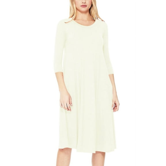 Women's Plus Size Round Neck 3/4 Sleeves Solid A-Line Midi Dress