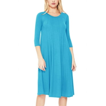 Women's Plus Size Round Neck 3/4 Sleeves Solid A-Line Midi Dress