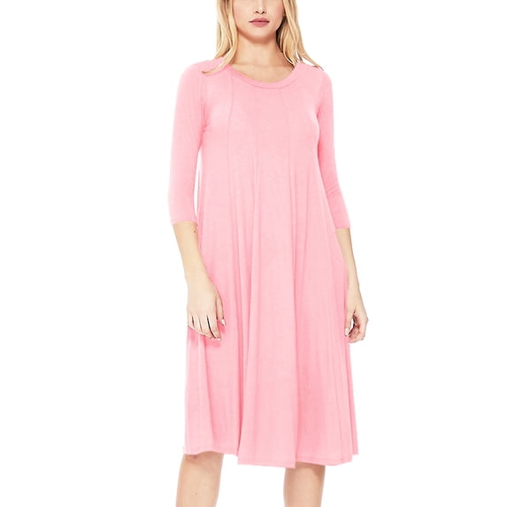 Women's Loose Fit 3/4 Sleeve Round Neck Jersey Knit A-Line Solid Midi Dress
