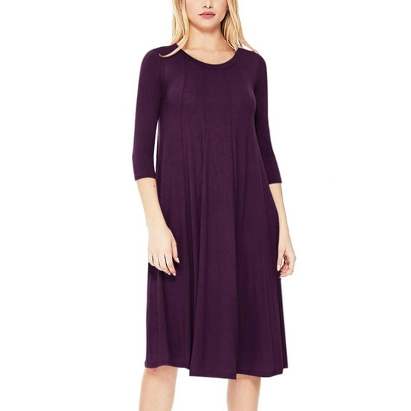 Women's Plus Size Round Neck 3/4 Sleeves Solid A-Line Midi Dress