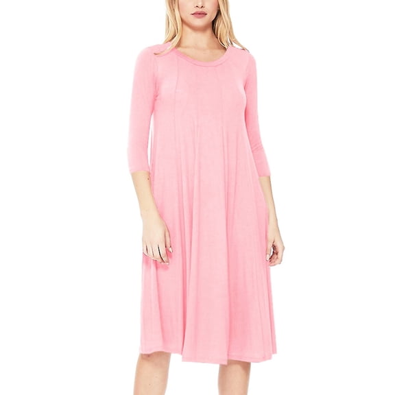 Women's Plus Size Round Neck 3/4 Sleeves Solid A-Line Midi Dress