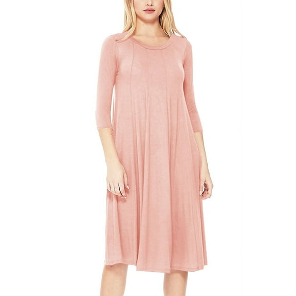 Women's Plus Size Round Neck 3/4 Sleeves Solid A-Line Midi Dress