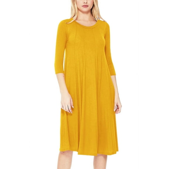 Women's Plus Size Round Neck 3/4 Sleeves Solid A-Line Midi Dress