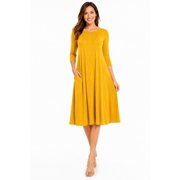 Women's Casual Loose Fit 3/4 Sleeve Round Neck Jersey Knit A-Line Comfy Solid Midi Dress