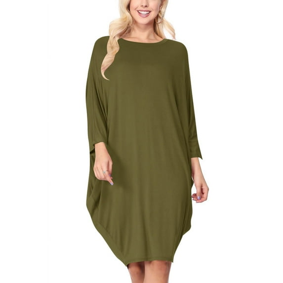 Women's Plus Size Round Neck Draped Side 3/4 Dolman Sleeves Dress