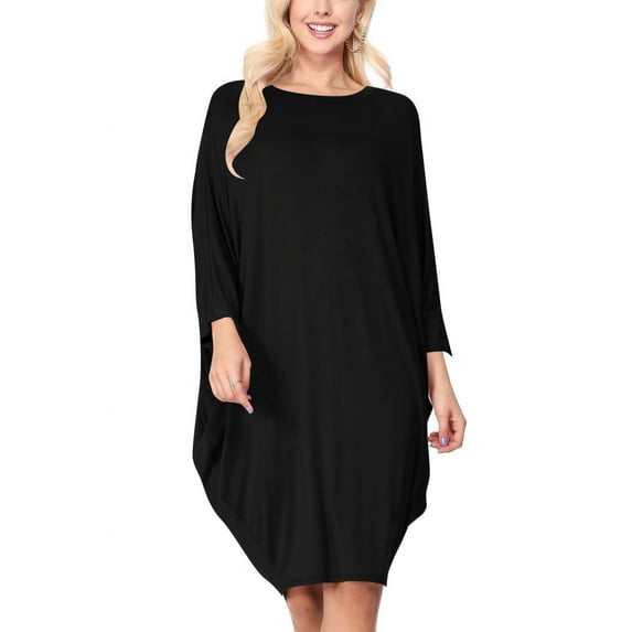 Women's Plus Size Round Neck Draped Side 3/4 Dolman Sleeves Dress