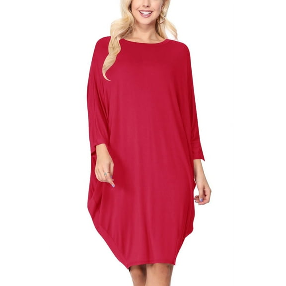 Women's Plus Size Round Neck Draped Side 3/4 Dolman Sleeves Dress