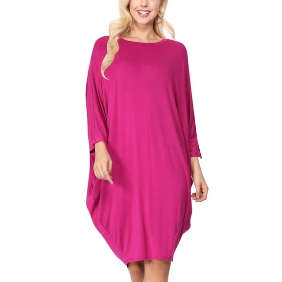 Women's Plus Size Round Neck Draped Side 3/4 Dolman Sleeves Dress