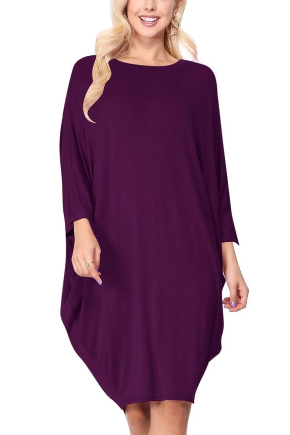Women's Plus Size Round Neck Draped Side 3/4 Dolman Sleeves Dress