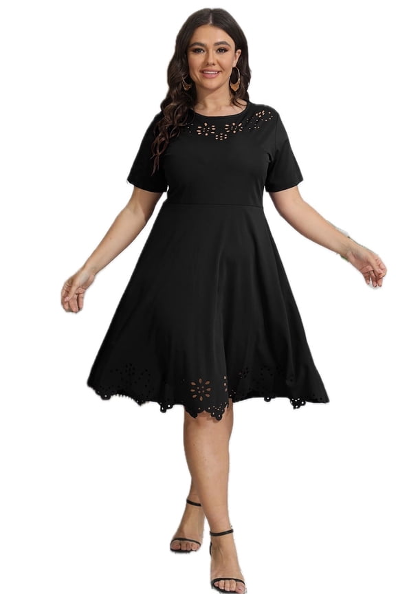 Women's Plus Size Round Neck Openwork Dress with Sheer Panels and Stretch Knit 95% Polyester 5% Elastane with comfort