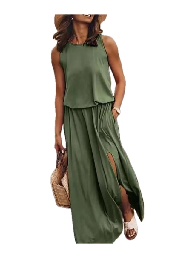 Women's Plus Size Round Neck Sleeveless Slit Maxi Dress with Pockets 95% polyester and 5% spandex Soft Breathable