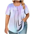 thumbnail image 1 of Women's Plus Size Round Neck Top Short Sleeve Ombre T-Shirt with Ruffle and Button Detail Casual Loose Fit Comfortable, 1 of 6
