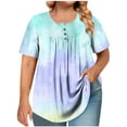 thumbnail image 1 of Women's Plus Size Round Neck Top Short Sleeve Ombre T-Shirt with Ruffle and Button Detail Casual Loose Fit Comfortable, 1 of 6